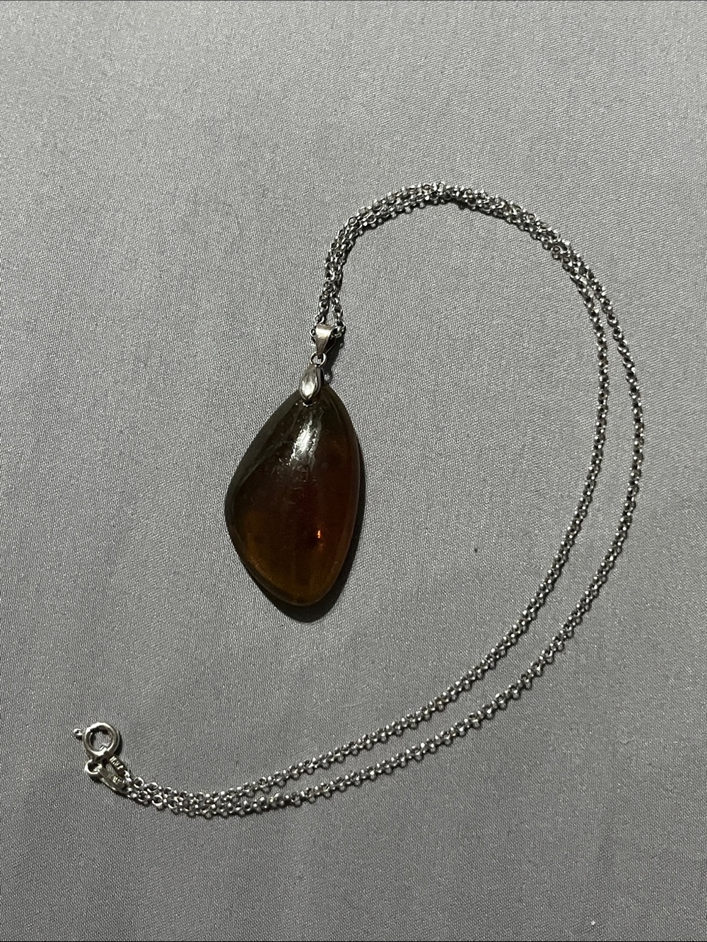 Amber Teardrop Pendant Necklace - Brown Amber on Silver Chain